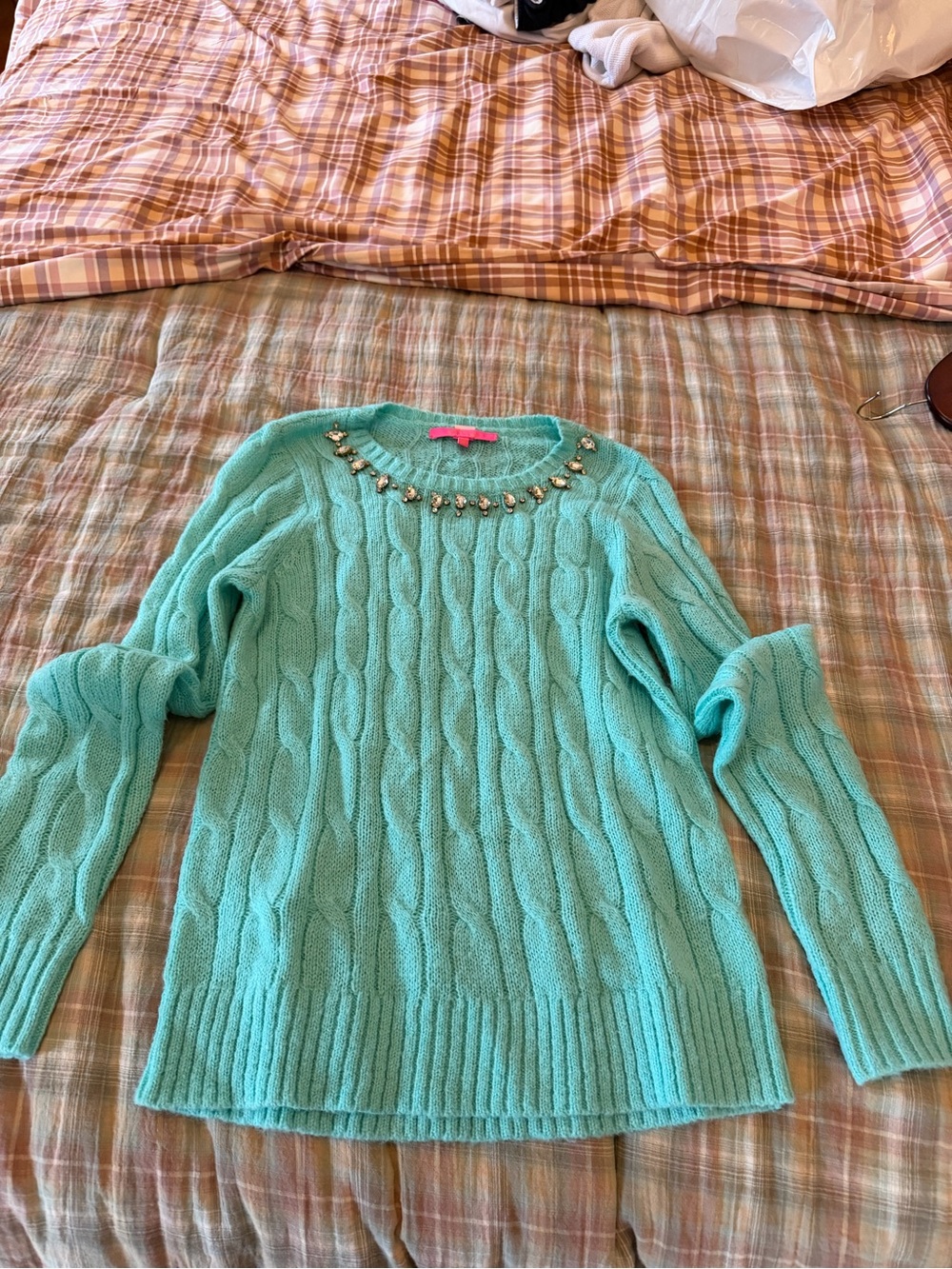 Lilly Pulitzer Aqua Cable Knit Sweater with Jeweled Neckline